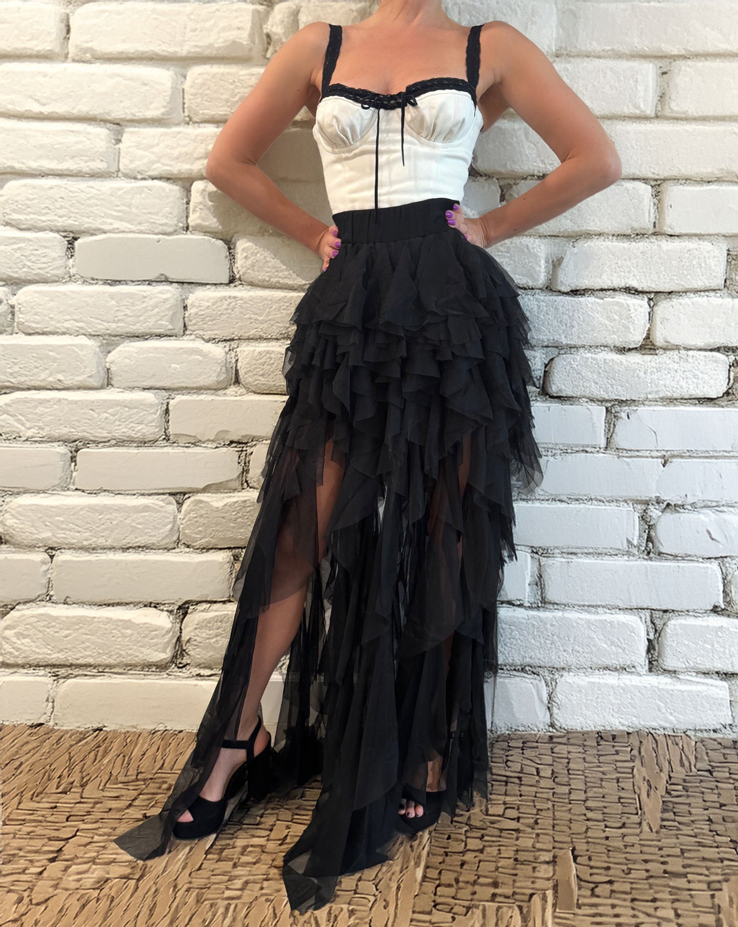 Women's Black Tiered-Ruffle Mesh Skirt
