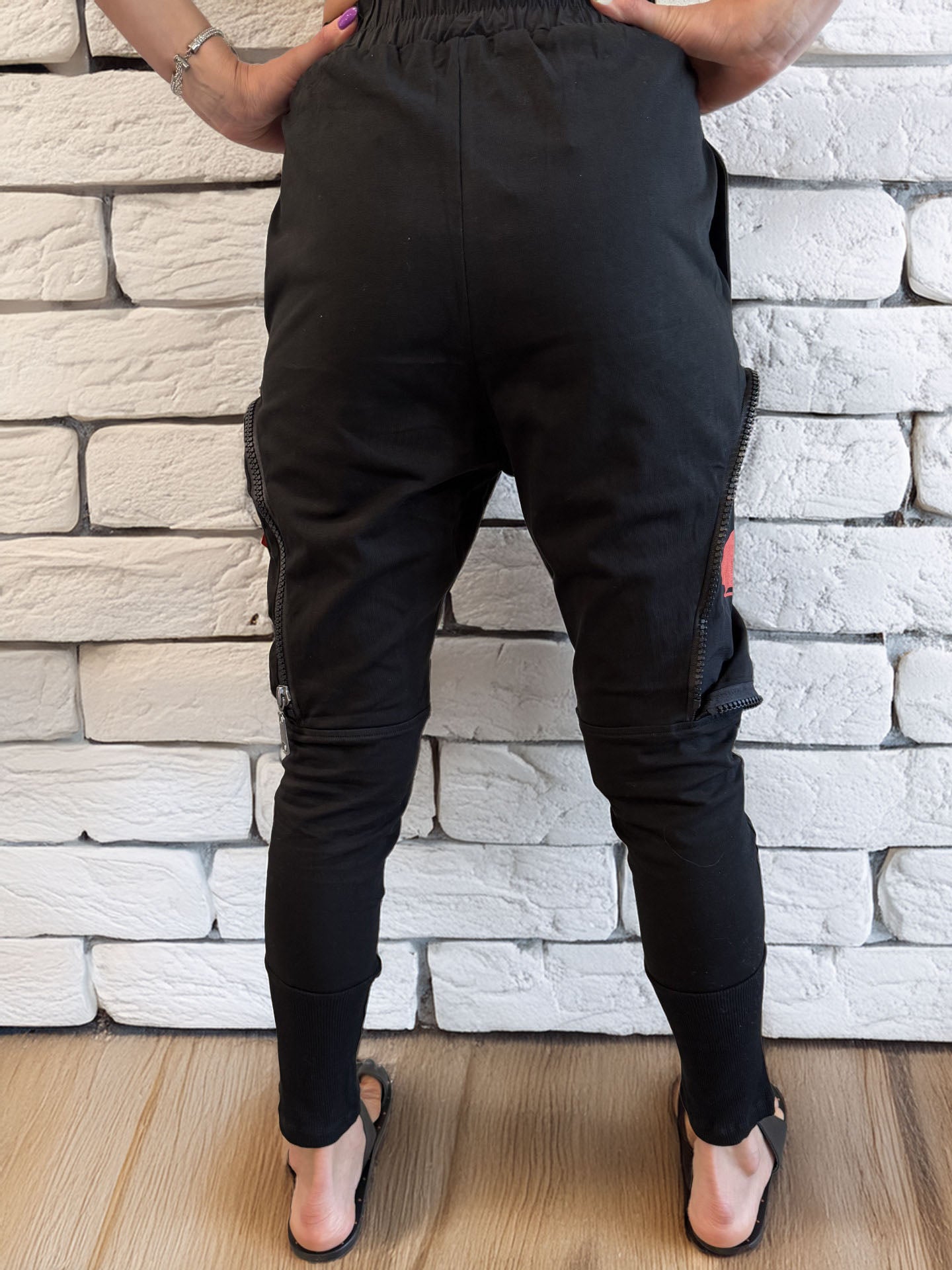 Women's Black Baggy Comfortable Zipper Pockets Pants Orange Emblem