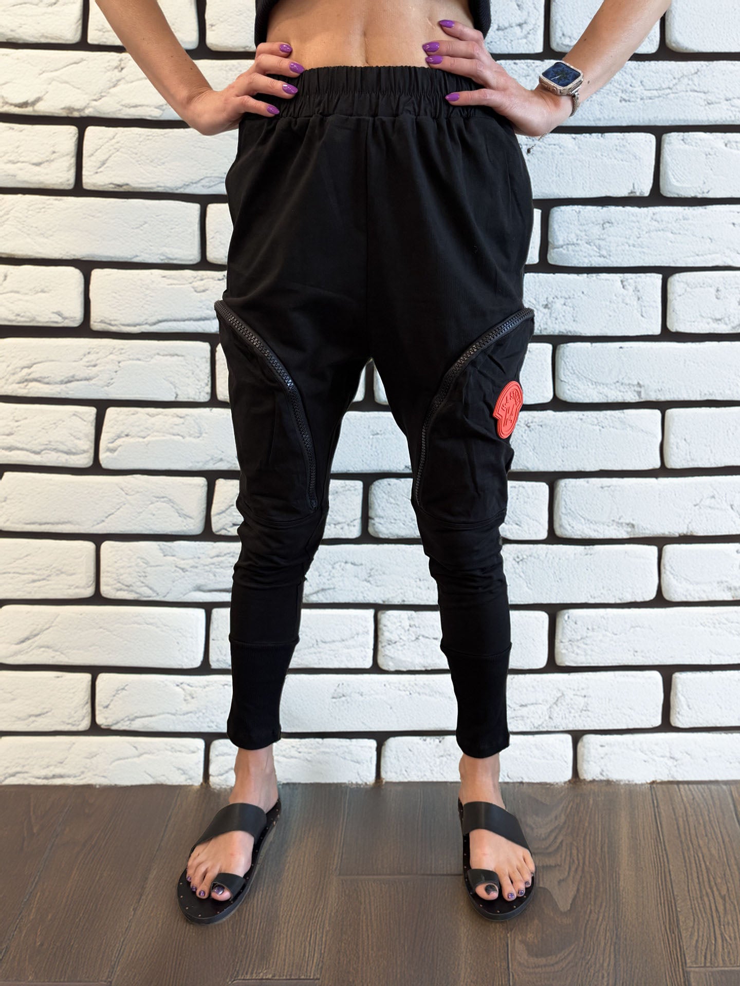 Women's Black Baggy Comfortable Zipper Pockets Pants Orange Emblem
