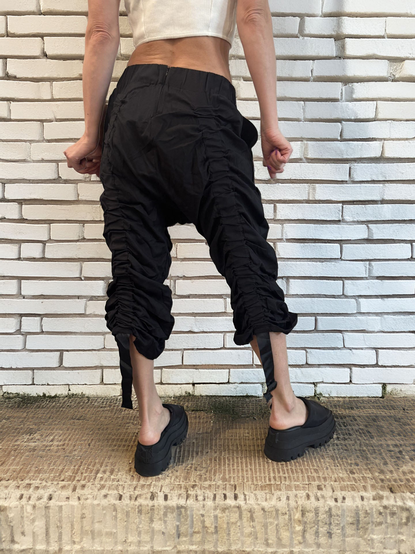 Women's Pant's Black Wrinkled with Streamers