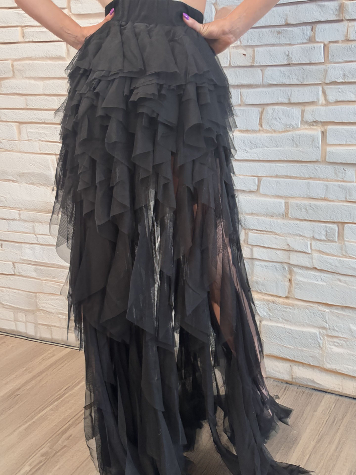 Women's Black Tiered-Ruffle Mesh Skirt