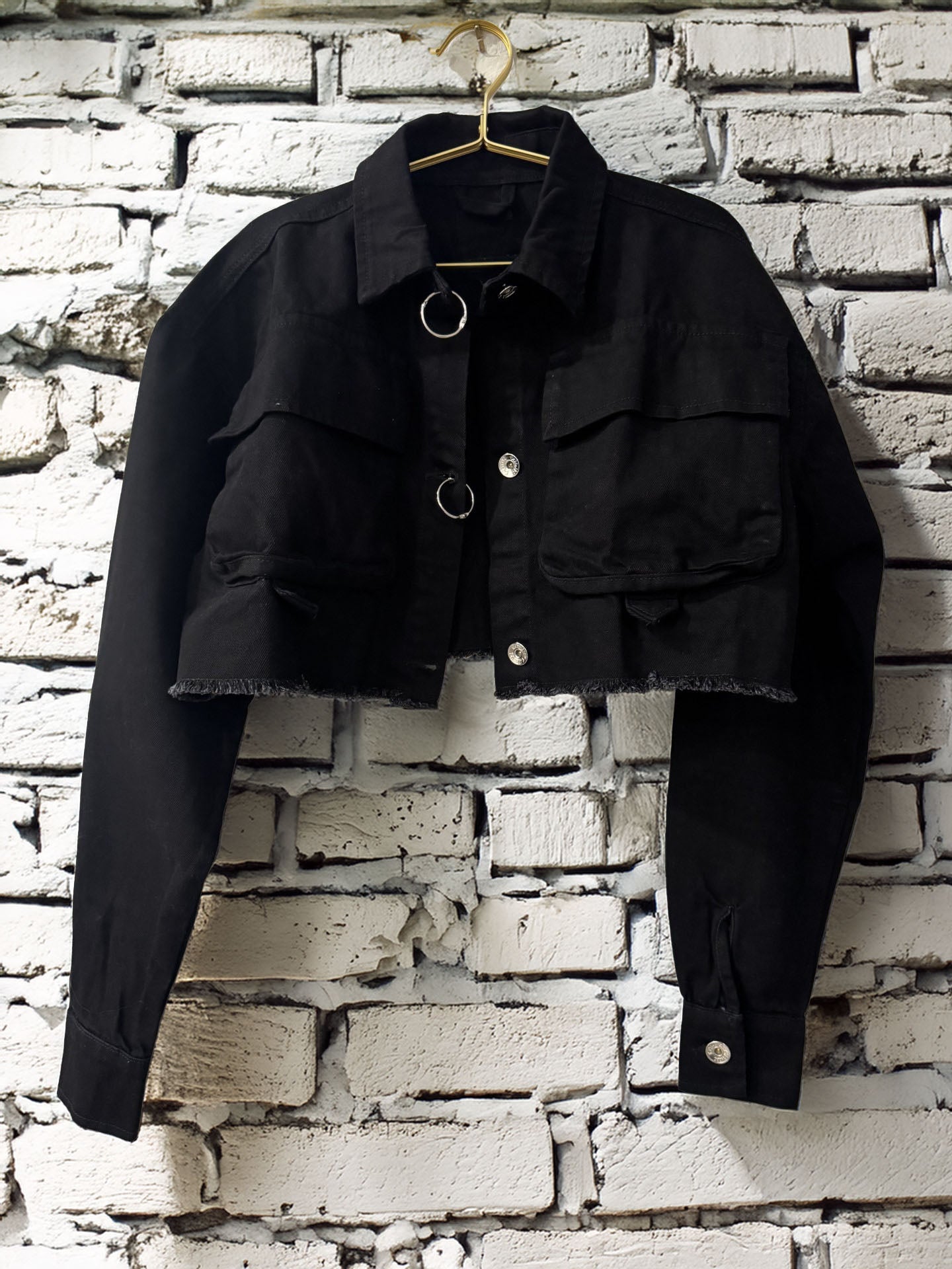Women's Jacket, Black Denim Cropped with Rings