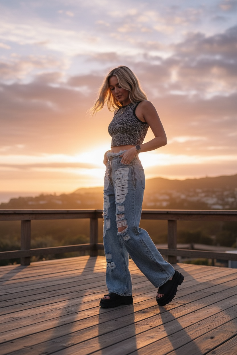 Women's oversized Jeans with Holes Elastic Waist