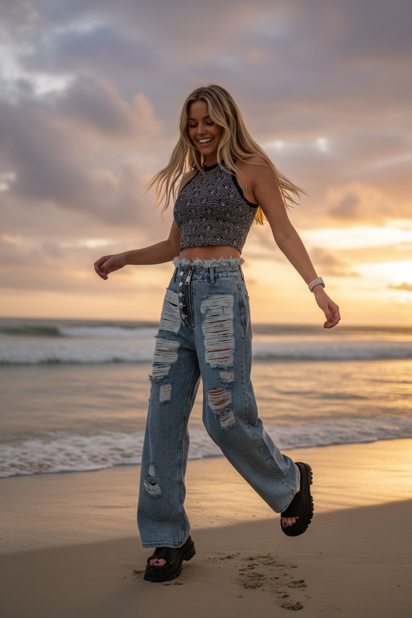 Women's oversized Jeans with Holes Elastic Waist