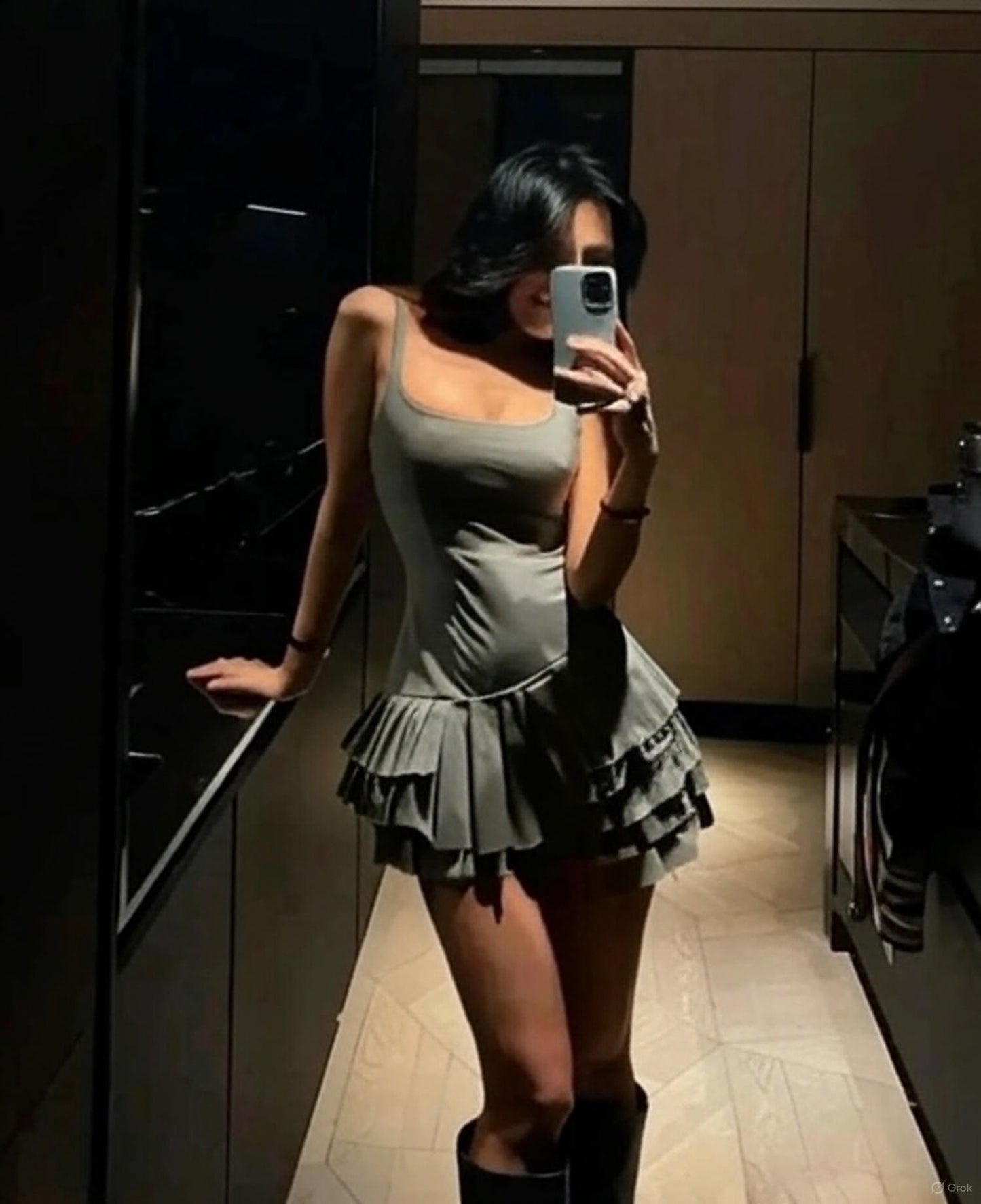 Women's Cut Layered Pleated Green Dress