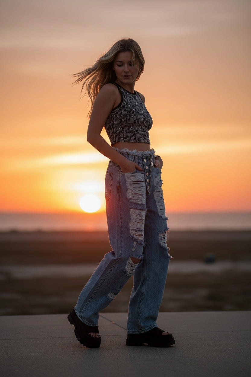 Women's oversized Jeans with Holes Elastic Waist