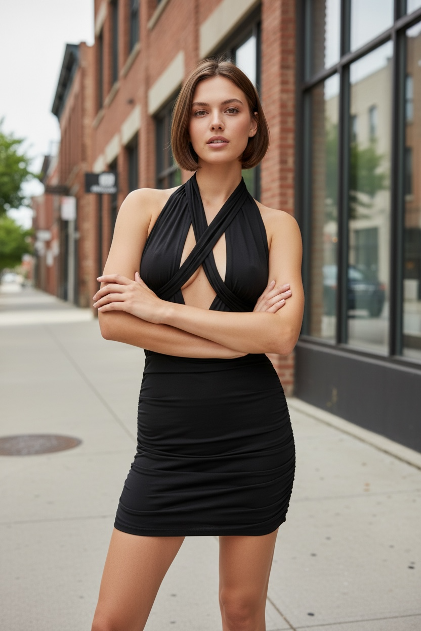 Women's Black Dress with Multifunctional Attached Wrap