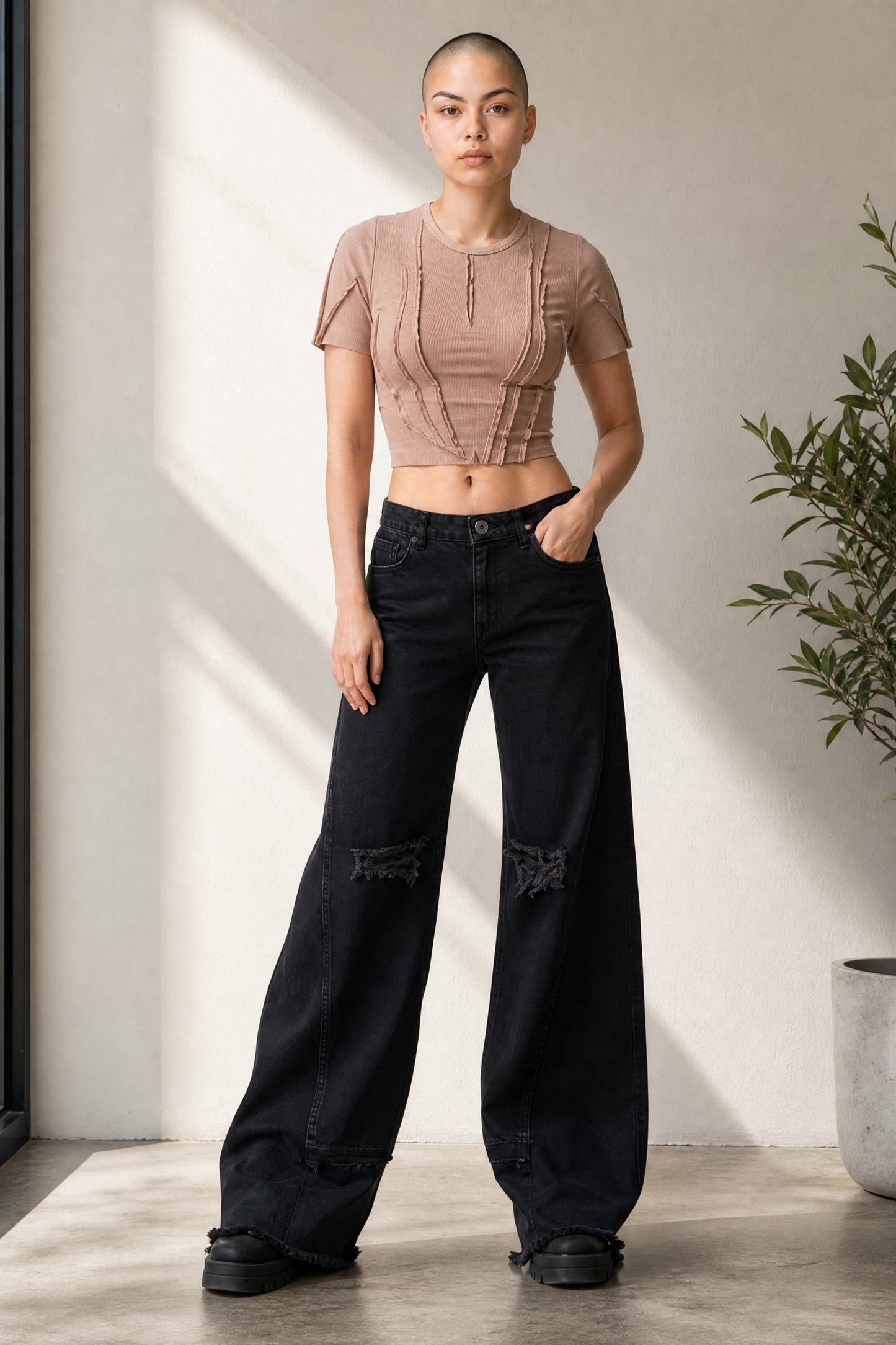 Women's Black Wide Leg Jeans with holes