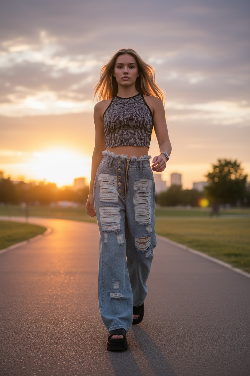 Women's oversized Jeans with Holes Elastic Waist