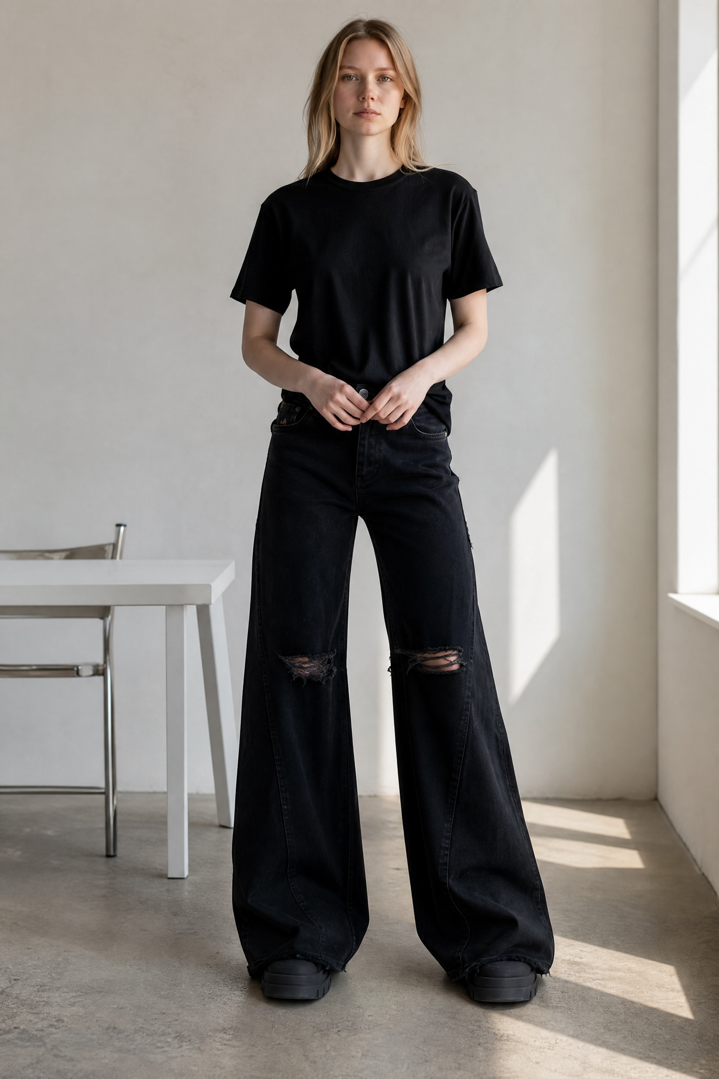 Women's Black Wide Leg Jeans with holes