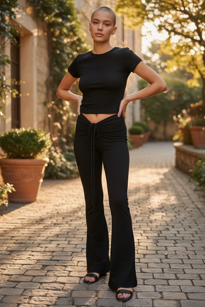 WOMEN'S BLACK TIE-WAIST FLARE PANTS