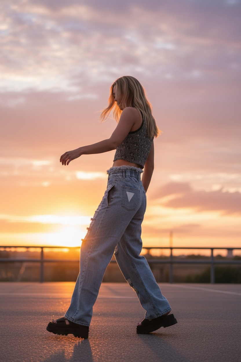 Women's oversized Jeans with Holes Elastic Waist