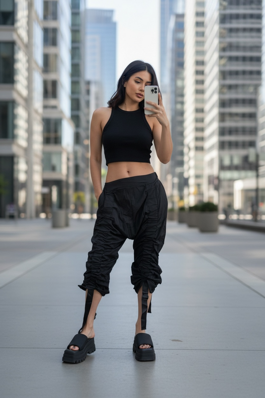 Women's Pant's Black Wrinkled with Streamers