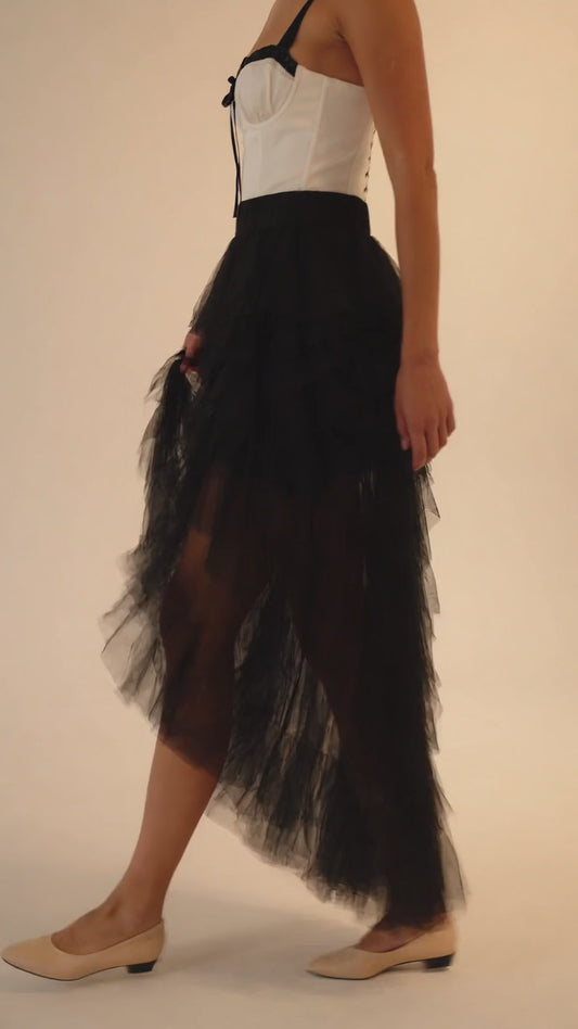 Women's Black Tiered-Ruffle Mesh Skirt