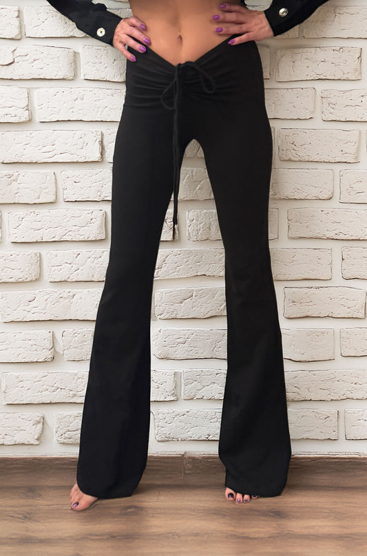 WOMEN'S BLACK TIE-WAIST FLARE PANTS