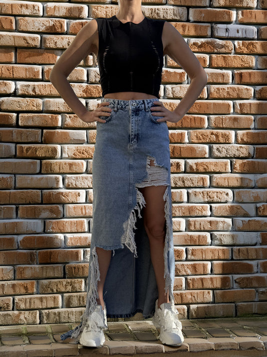 Women's Denim Long Skirt with Holes and Tears