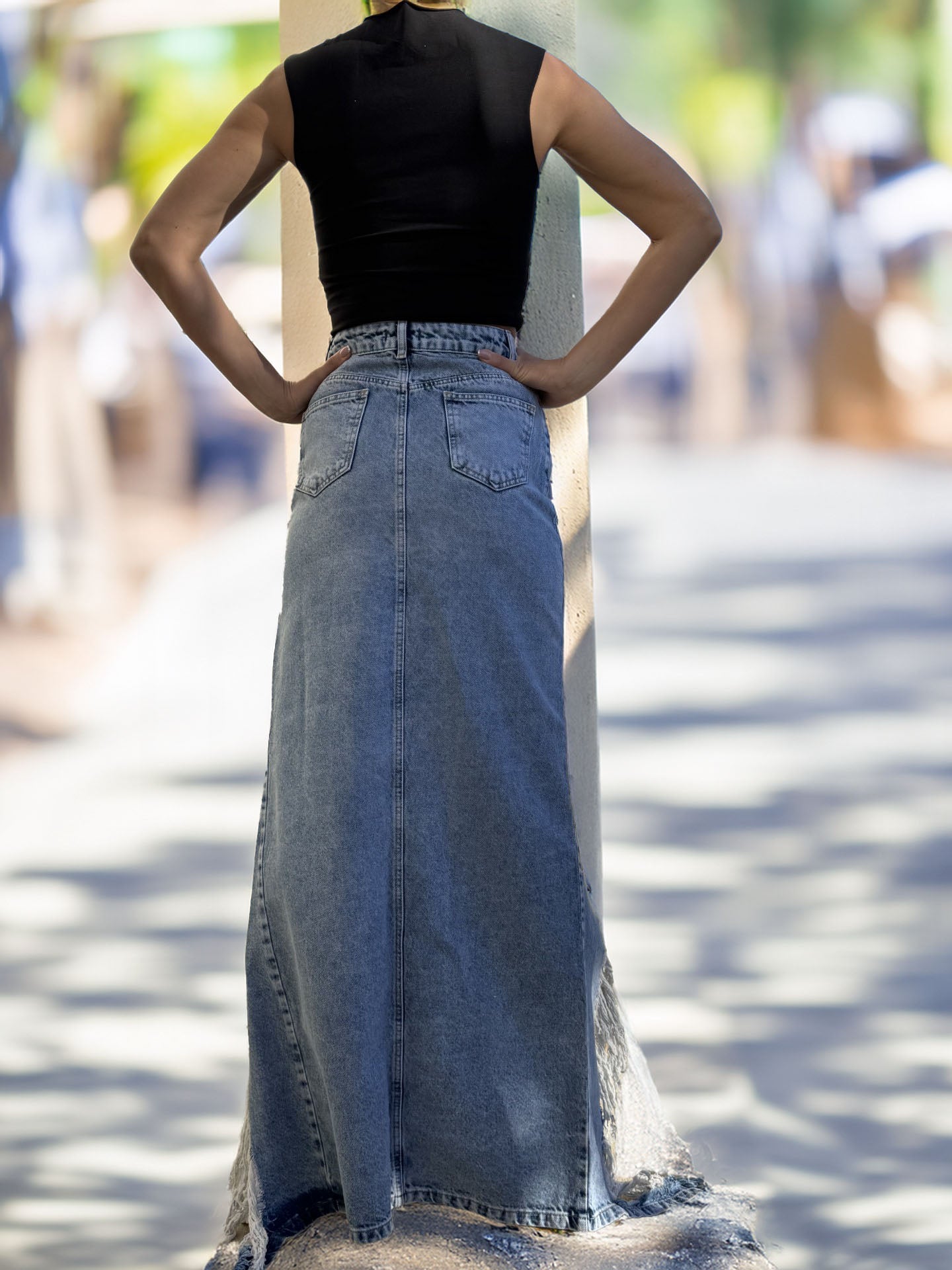 Women's Denim Long Skirt with Holes and Tears