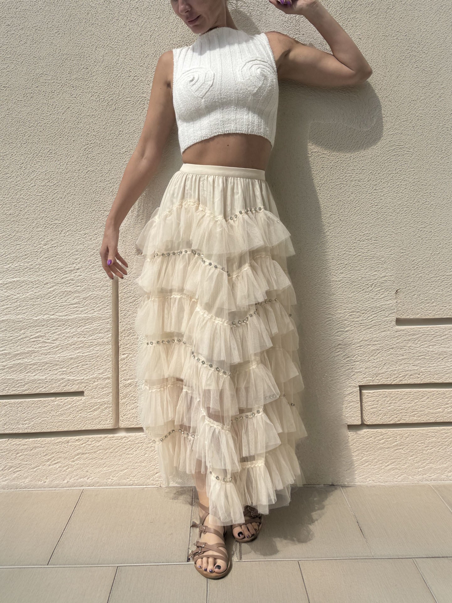Women's Layered Ruffled Skirt with Stones