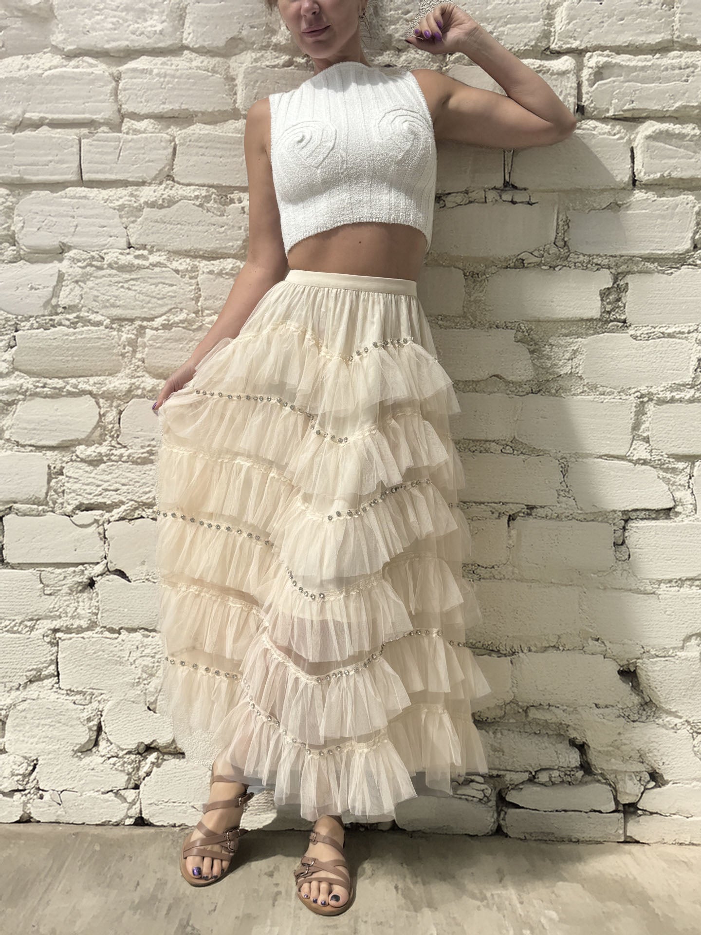 Women's Layered Ruffled Skirt with Stones