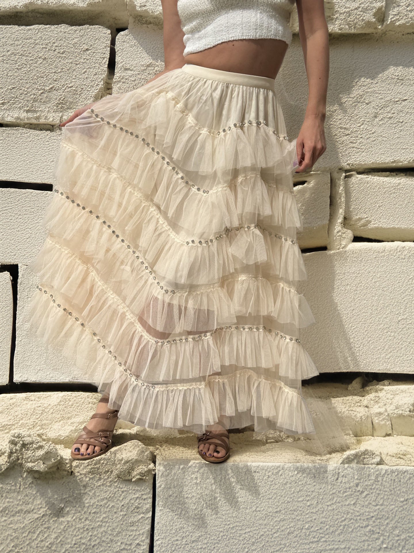 Women's Layered Ruffled Skirt with Stones