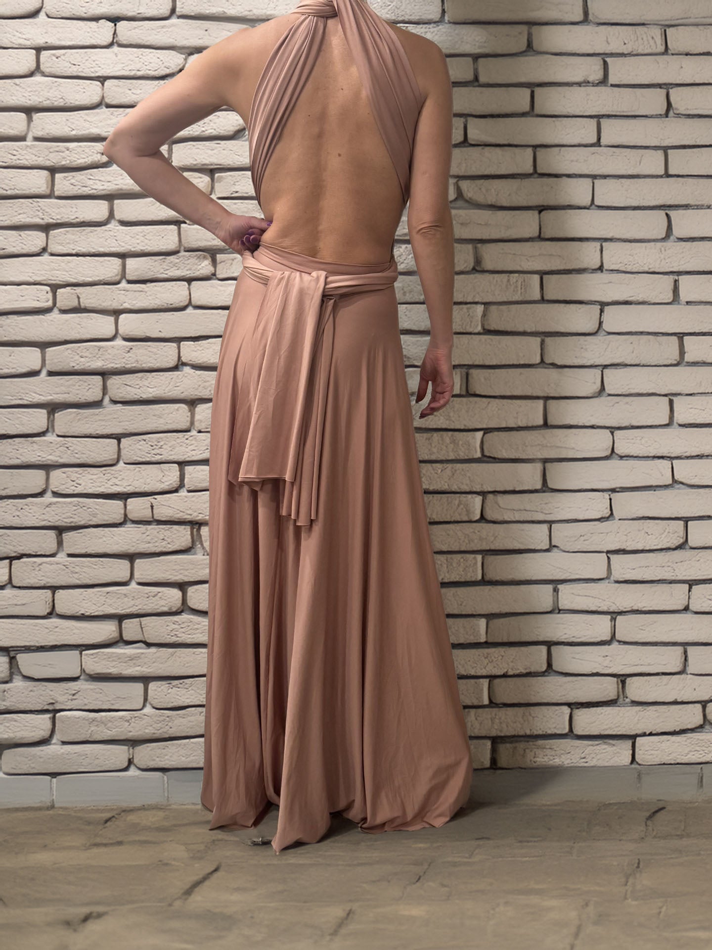 Women's V Neck Sleeveless Caramel Pleated Long Dress