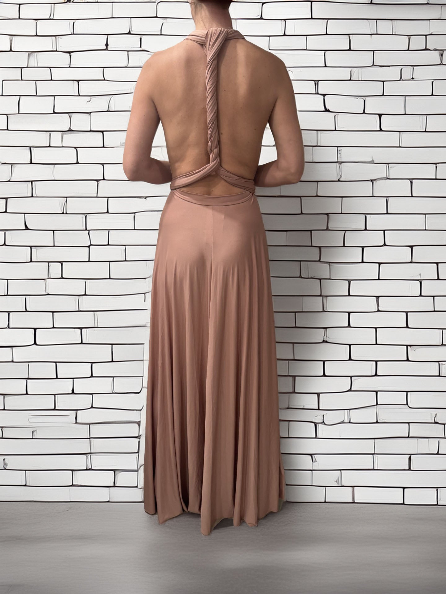 Women's V Neck Sleeveless Caramel Pleated Long Dress