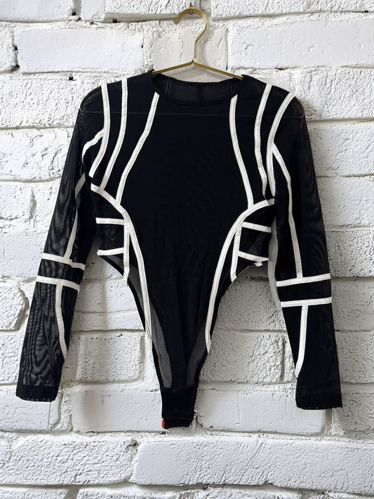 WOMEN'S CONTRAST-TRIM MESH BODYSUIT IN BLACK / OFF WHITE
