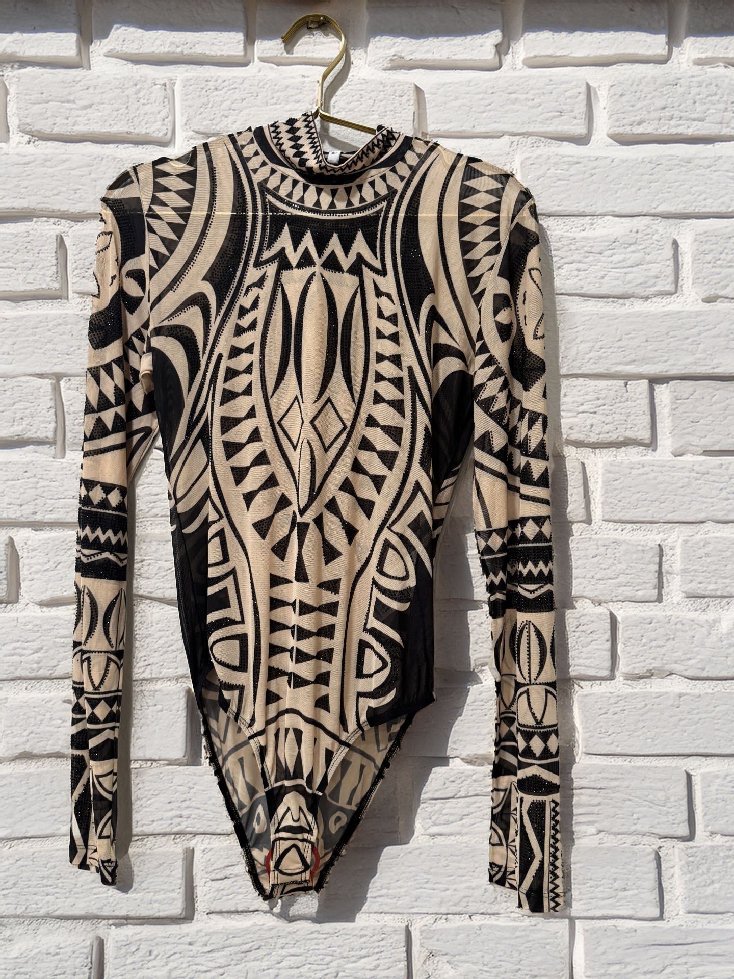 Women's Tribal Mock Neck Embellished Mesh Bodysuit Black / Brown