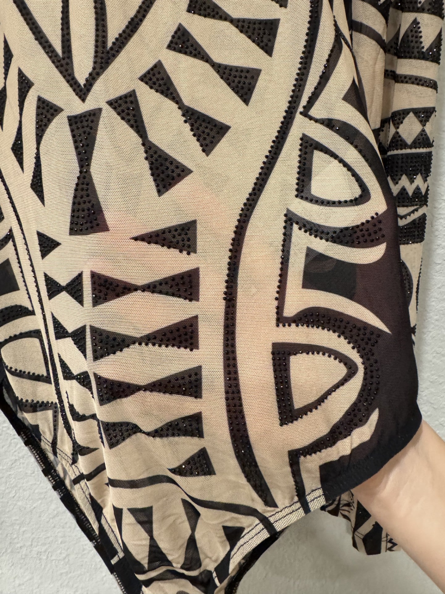 Women's Tribal Mock Neck Embellished Mesh Bodysuit Black / Brown