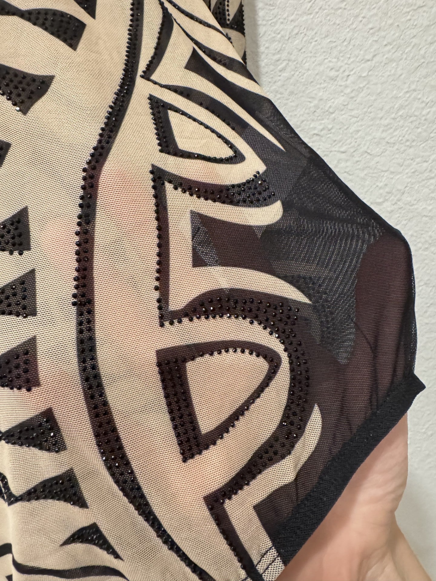 Women's Tribal Mock Neck Embellished Mesh Bodysuit Black / Brown