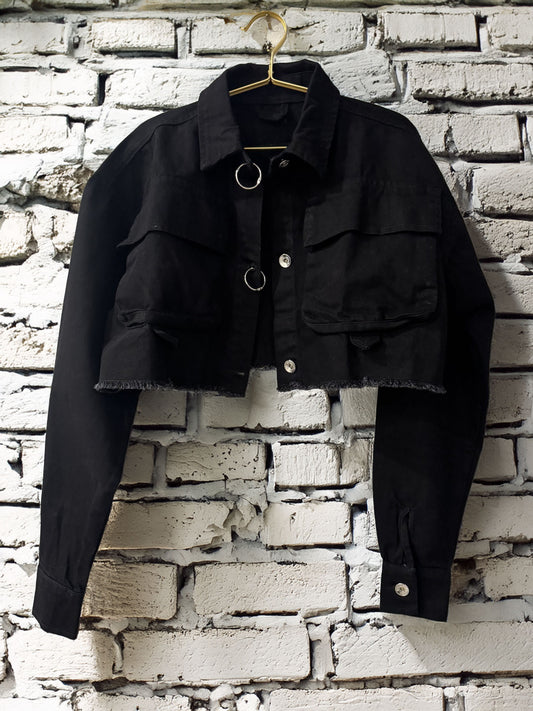 Women's Jacket, Black Denim Cropped with Rings